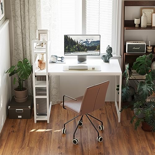 CubiCubi Schreibtisch, 100 x 50cm Groß Computertisch mit Regal rechts oder Links, Pc Gaming Tisch, Bürotisch fürs Büro Wohnzimmer, Stabil Stahlgestell schreibtische, Weiß/Weiß