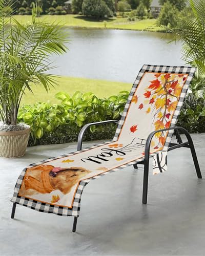 Thanksgiving Fall Beach Chair Towel Covers for Chaise Lounge with Side Pocket, Soft Plush Pool Towels Cover for Patio Sunbathing Outdoor 29''x85'' Buffalo Plaid Check Dog Maple Leaves