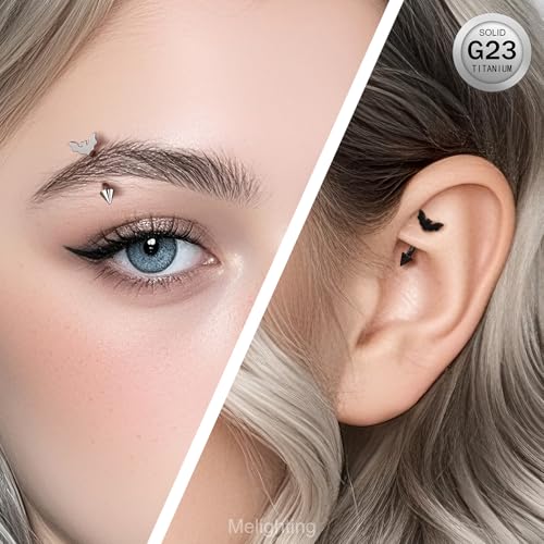 Melighting 16G Bat Rook Piercing Jewelry, G23 Solid Titanium Eyebrow Ring, Internally Threaded Vertical Labret Lip Jewellery, Black Curved Barbells, Daith Rook Earring for Women4