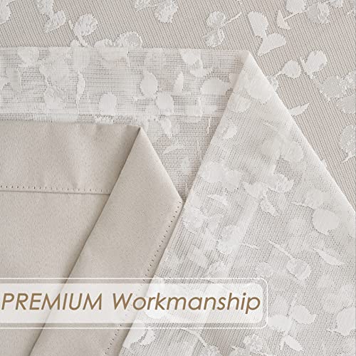 Mix Matched Curtain Set Leaf Sheer Lace 2 Panels & 2 Full Blackout Curtains 100 Percent Room Darkening Beige Window Treatments For Bedroom Living Room Grommet Top Design, 52" W X 84" L, Beige & White #TOP6