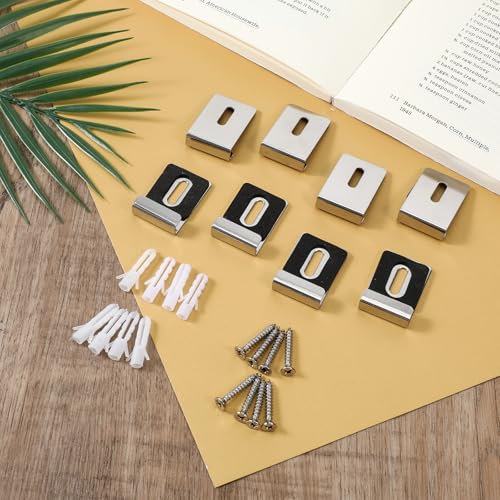 Image of 8 Pcs Mirror Clips Frameless Mirror Mounting Kit 1 /4 Inch Mirrors Hangers Hardware with Screws Rubber Pads, Metal Heavy Duty Silver Mirrors Hooks Mounting for Billboards