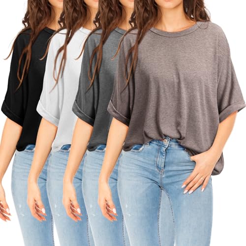 JaGely 4 Pcs Women Oversized T-Shirt Short Sleeve Crew Neck Tee Tops Summer Casual Loose Tee T-Shirt
