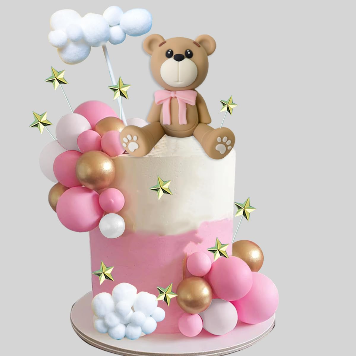 33 PCS Bear Cake Toppers Bear Balls Cake Decorations with Stars Clouds Cake Toppers for Boy Girl Baby Shower Birthday Party Decorations