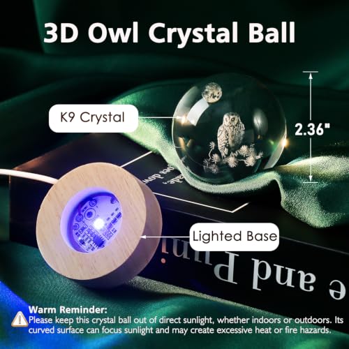 Image of 3D Owl Crystal Ball 60mm Owl Figurines in Crystal Ball Decor Collectibles Snow Globes Gift Glass Sphere with Wooden Light Base | Owl Figurines Room Decor Collectibles Snow Globes Gift for Friends Coworkers Glass Sphere with Wooden Light Base