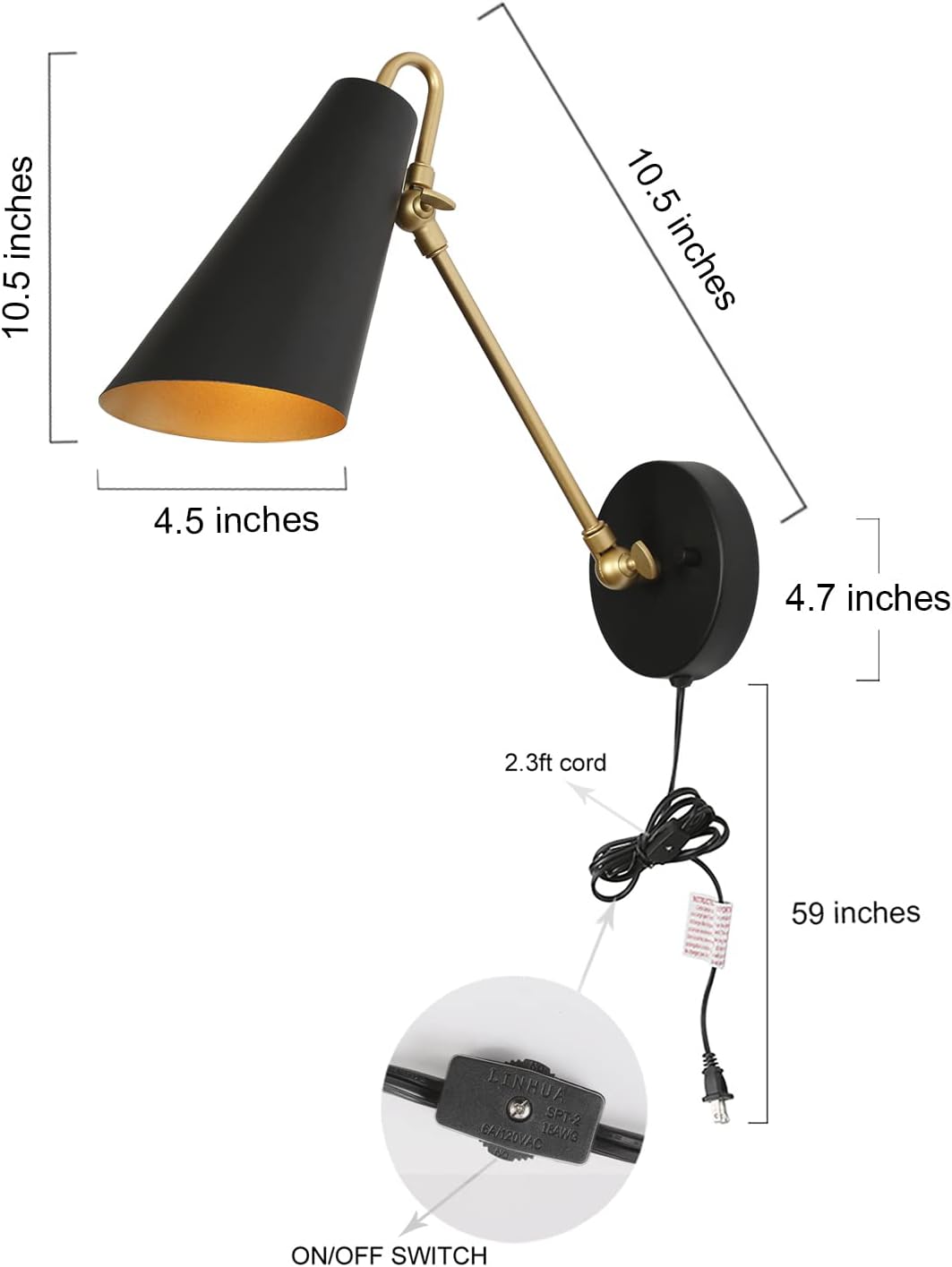 ZEVNI Modern Swing Arm Wall Lamp, Plug in Wall Sconce with Slant-Cut Metal Shade, Black Gold Sconces Wall Lighting