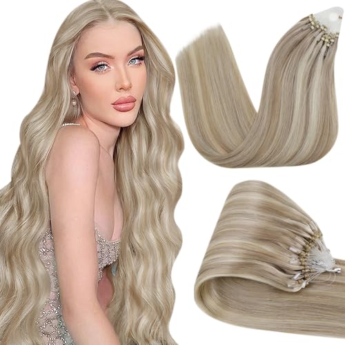 Hetto Micro Beads Hair Extensions Real Human Hair Blonde 16 Inch, Straight Micro Loop Remy Hair