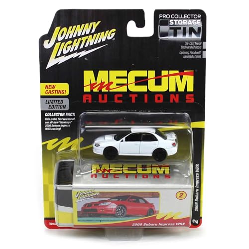 Johnny Lightning 1/64 2006 Impreza WRX White Mecum Storage Tin miniatura 3