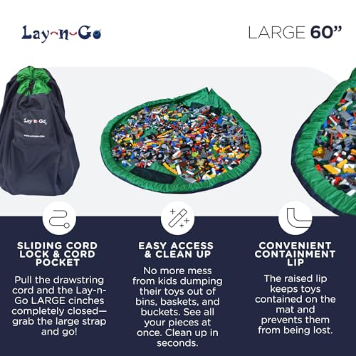 Lay-n-Go Layflat Portable Drawstring Cinch Storage Toy & Mini Figures Organizer & Play Mat, Mesh Pockets, Home & Travel, Kids & Toddlers Playdates, 2 Straps for Backpack, Durable, Machine Washable