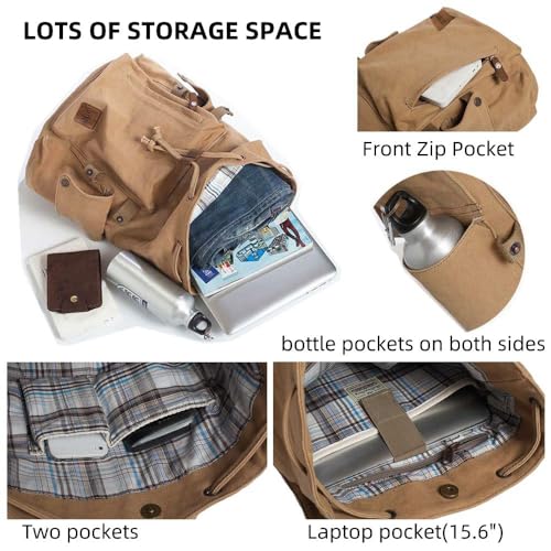 Canvas Vintage Backpack Casual Outdoor Daypack Rucksack for Men Women 15.6inch Laptop Hiking Travel Backpacks (APRICOT)4