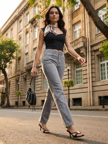 Image of Urbano Fashion Women's High Rise Straight Fit Washed Jeans Non-Stretchable