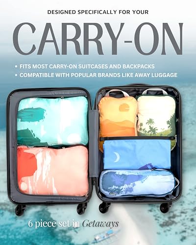 Image of Compression Packing Cubes Set for Carryon Suitcases- Lightweight, Durable Clothes Organizer, Getaways, 6 Piece