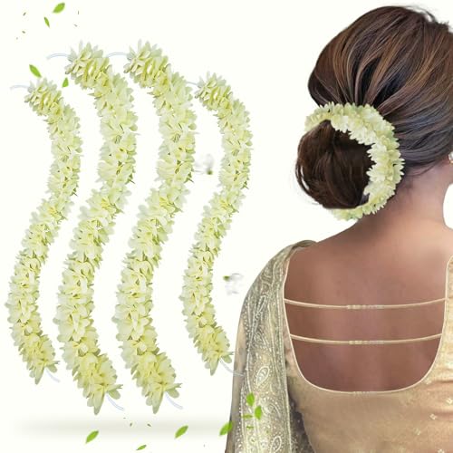 Image of Sanas Gajra For Hair Bun Accessories For Women (4Pcs) Artificial Flowers For Hair Styling Bridal Hairs Accessory For Wedding Accessories For Women Reusable Gajra (4Pcs) (Traditional Floral White)