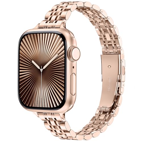 Vamyzji Slim Stainless Steel for Apple Watch Strap 40mm 42mm(Series 11 10) 41mm 38mm, Thin Women ladies Metal Adjustable Chain iWatch Strap for Apple Watch SE Series 11 10 9 8 7 6 5 4 3 2 1, Rose Gold
