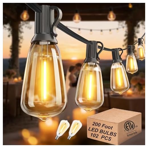 DAMAING Outdoor String Lights 200 FT Waterproof Patio Lights with 102 ST38 Shatterproof LED Bulbs, Dimmable Vintage Edison String Lights for Outside House Backyard Porch Gazebo Party,2-Pack x 100ft