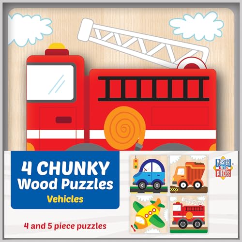 Masterpieces Vehicles Chunky Wood Puzzles 4 Pack - Rompecabezas de Madera de Vehículos con Piezas Duraderas y Arte Vibrante miniatura 1