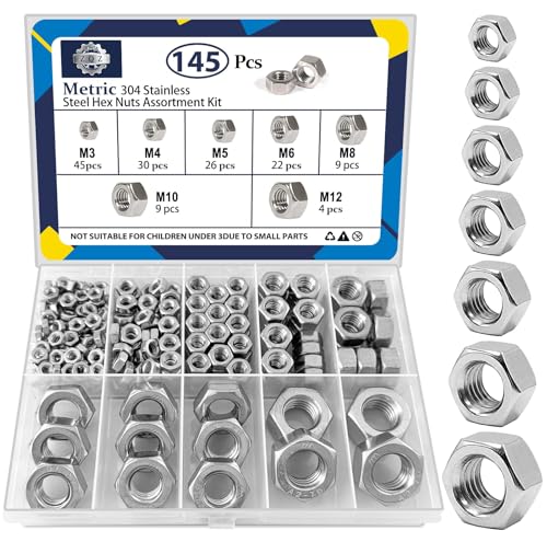 ZQZ 145 Pcs Assortiment d'écrous hexadés en acier inoxydable M3 M4 M5 M6 M8 M10 Matériel de jeu d'écrous hexagonaux métriques