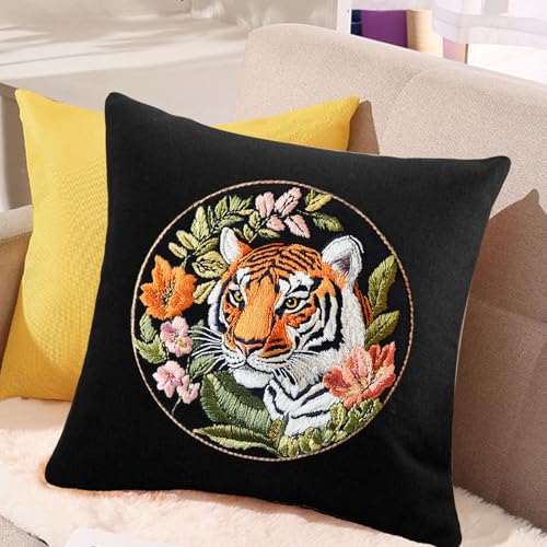 Image of FONNUY Tiger Floral Embroidery Kit, Cross Stitch Kits for Beginners, Handmade Crafts with Printed Patterns for Beginner Adults, Easy to Follow Color Thread Needlework, 8'' Hoop
