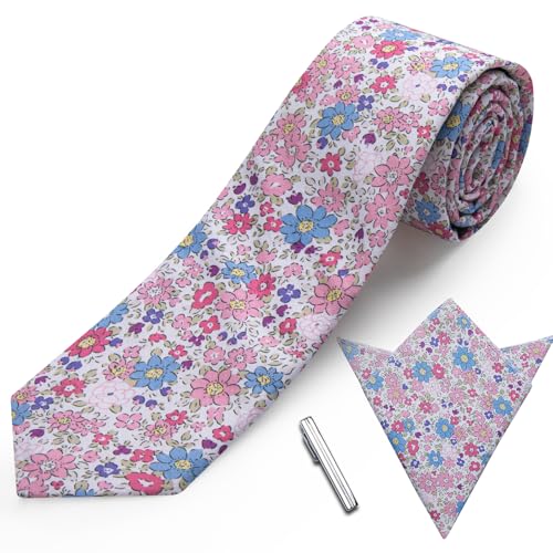 Image of YourTies Cotton Floral Tie for Men 2.5 inch Printed Skinny Necktie Pocket Square Tie Clip Set Flower Wedding Party Groom
