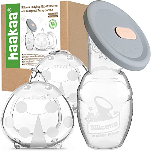 Image of Haakaa 4oz/100ml Manual Breast Pump with Leakproof Silicone Lid and 2 * 2.5oz/75ml Wearable Ladybug Breast Milk Collector Combo New Breastfeeding Gift