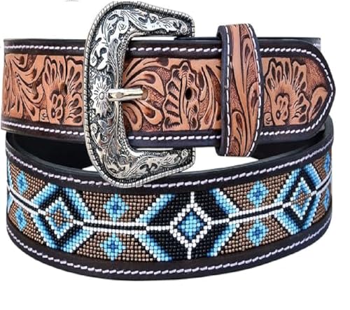 Quality Handmade Beaded Men's Leather Belt Thick Durable Wax Colorful Designs Cowboy Western Style Alloy Classic Fitted Casual Formal Wear in Pant Trouser Jeans Size: W-34-37/L-43in.4