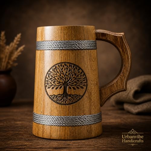 Image of Handmade Wooden Beer Mug, Wood with Sheesham Finish, Barrel Style, Lightweight & Durable, for Craft Beer, Home Bar, Cafe, Party, Gift(350ml) (Tree Inprint)