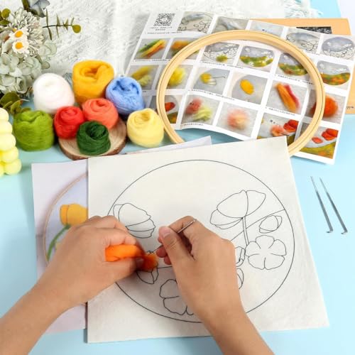 Image of PATPAT Cotton DIY Needle Felt Art Craft Kit Flower Poking Stitch Art Kit with Embroidery Punch Needles, 8.35 inches Dia Embroidery Hoop, DIY Art Gift for Kids Adults, Black