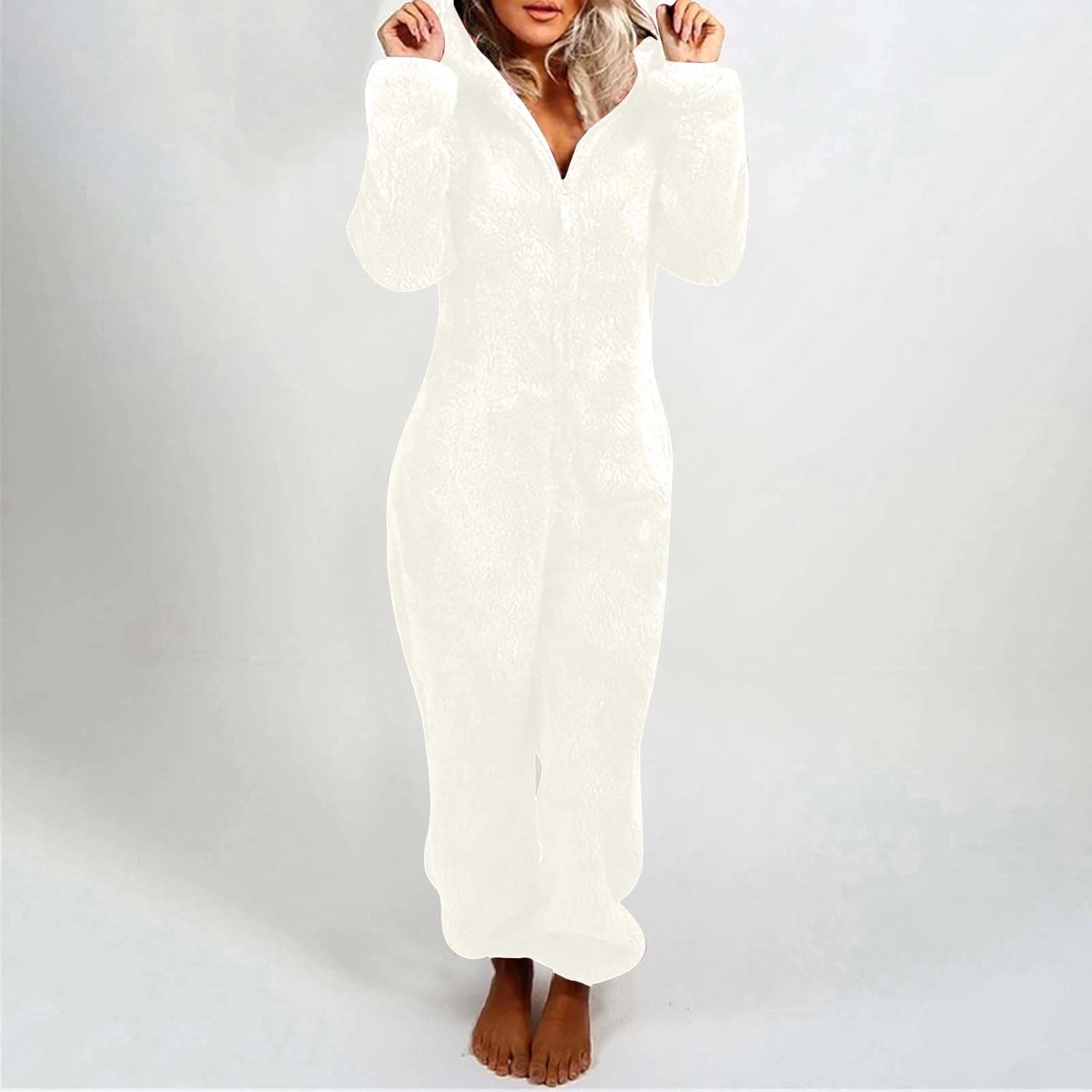 HGps8w Fuzzy Fleece Onesie Pajamas for Women Jumpsuit Warm Winter Sherpa Romper Sleepwear One Piece Zipper Hooded Playsuit