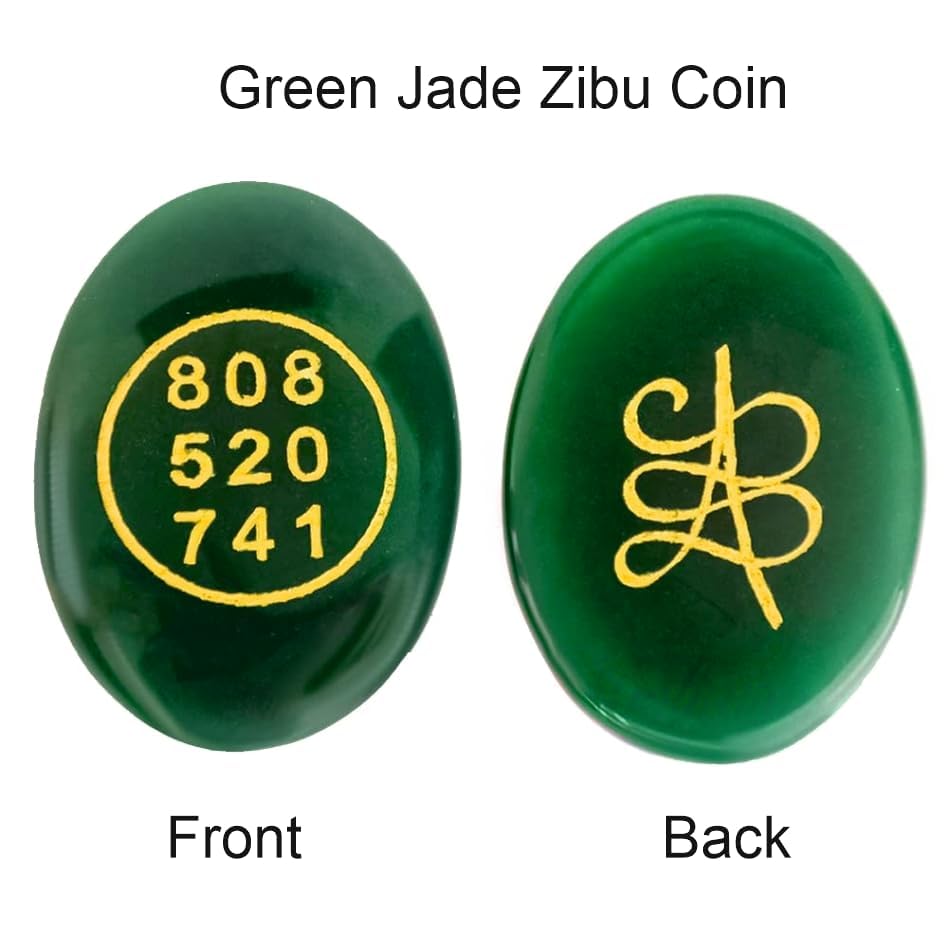 SEREIN Green Jade Zibu Coin Lucky Feng Shui Healing Symbol Crystal Money Wealth Zebu Stone For Good Luck Prosperity And Positivity In Abundance, Manifestation & Relationship Wallet, Harmony 808 520 741 1