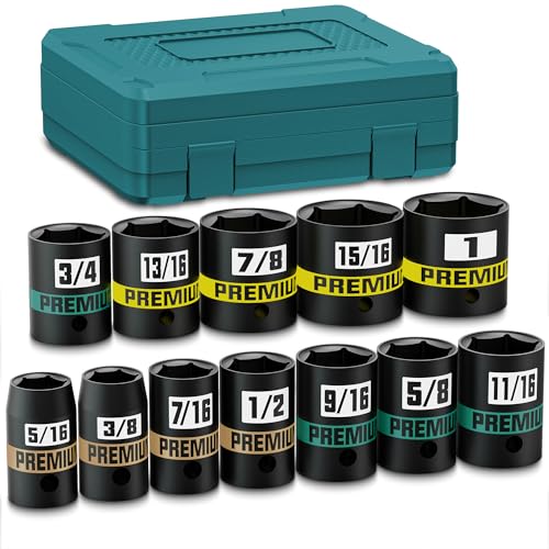 Image of 12-Piece 3 /8 inch Drive Shallow Impact Socket Set, 5 /16 to 1 inch, Semi-Deep Sockets, CR-V, Socket Set for Automotive and Home, SAE, 6 Point