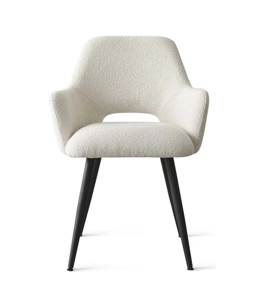 Image of Finch Fox Motel Luxurious Home Collection Upholstery Boucle Fabric Arm Dining Room Chairs in Cream Color with Black Metal Powder Coated Legs (Set of 2)