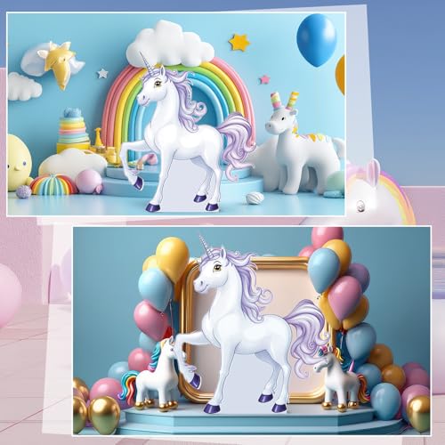 Image of Geelin 4.9 Feet Unicorn Cardboard Standup Cutout Life Size Unicorn Theme Party Decoration Backdrop Photo Prop Stand Up for Theme Birthday Baby Shower Wedding Party Decor