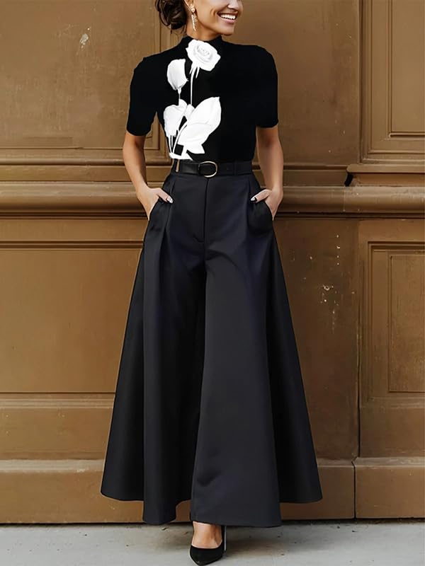 UOOZEE Women's Elegant Wide Leg Pants Elastic High Waisted Loose Palazzo Trousers Comfortable Office Work Casual Lounge Wear3