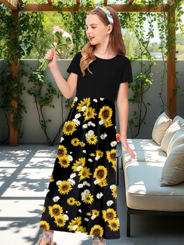 Image of Deerose Girls Maxi Dress Short Sleeve Casual Long Dresses with Pockets 5-14 Years