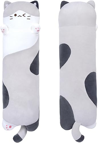 MIAOHAHA Almohada larga de peluche para gatos, bonita muñeca de peluche para abrazar, regalo para niños y niñas (gris, 43.3 pulgadas)