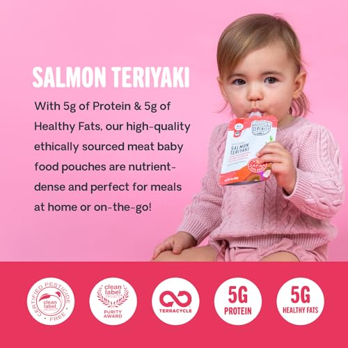 Image of Serenity Kids 6+ Months World Explorers Baby Food Pouches Puree Made With Ethically Sourced Meats & Organic Veggies | 3.5 Ounce BPA-Free Pouch | Salmon Teriyaki | 1 Count