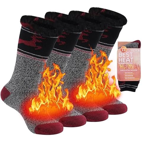 Sunew Thermal Socks, Insulated Extra Warm Crew Socks for Men, Heavily Brushed Fuzzy Warm Lining Soft Socks for Cold Winter, Snowboarding Socks, 2 Pair Red and Grey Elk Cover