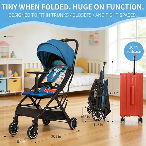 Image of Cool Kids Superb Lightweight Travel Stroller, Compact One-Hand Fold Buggy | Need an airplane approved toddler stroller? Slide folded blue cow pram like rolling luggage through airport security.