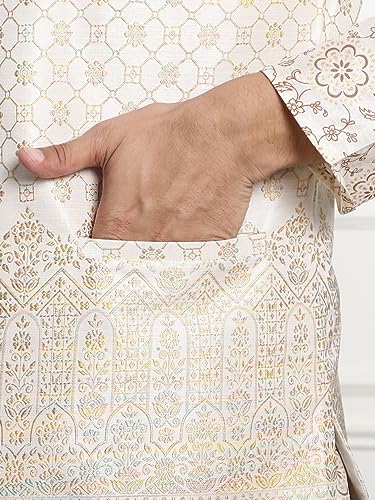 Image of SOJANYA (Since 1958 Men's Cotton Linen Maroon Kurta and White Pyjama with Mustard Cotton Nehru Jacket