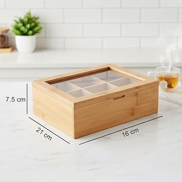 Deconox Bambu 6 Bölmeli Çay Kutusu -%100 Orjinal Bambu Mıknatıslı Kapak 21x16,5 x7cm