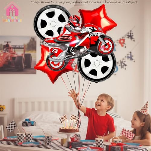 Image of Party Warehouse Racing Car Balloon Set for Birthday-5Pcs Race Theme Foil Balloons for Race Lovers|Tyre & Checkered Flag Balloons for Kids /Adults Party Decorations (Bike set)