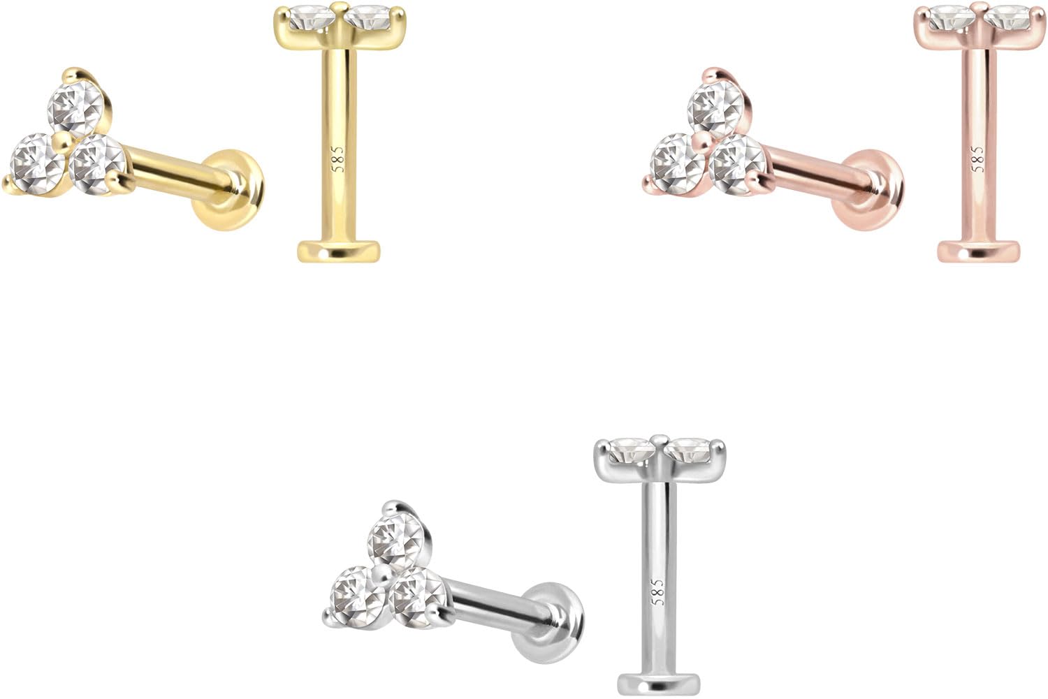 PIERCINGLINE Piercing Stecker 14 Gold Labret mit Push Fit MOISSANIT-BLUME 585er Gold - Roségoldfarben, Goldfarben, Silberfarben