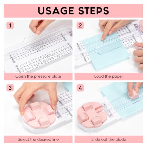 Bafiwu 4-in-1 Papierschneider mit Rillwerkzeug, Lineal und Maßstab für Scrapbooking, Karten und DIY (Pink)