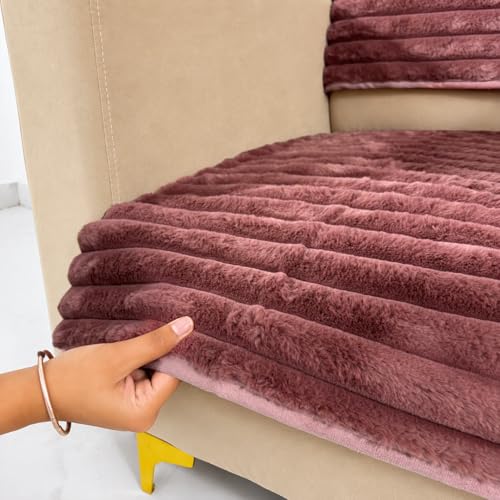 Image of Homerz Premium Rabbit Fur Sofa Cover with Anti-Skid Backing, Soft Plush Fabric Sofa Protector for Living Room Furniture (Pink, 1 Seater, Seat Cover with Backrest)