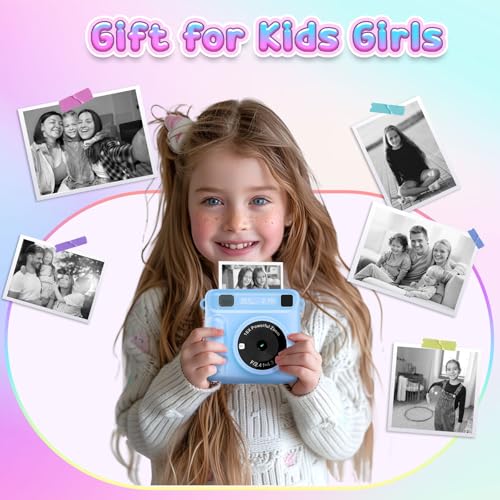 كاميرا للاطفال بطباعة فورية، كاميرا محمولة مع بطاقة 32G وفيديو 1080p، ورق طباعة، كاميرا طباعة فورية مع اقلام ملونة للاعمال اليدوية، اكثر من 3 سنوات، هدايا عيد ميلاد للاولاد والبنات (ازرق)