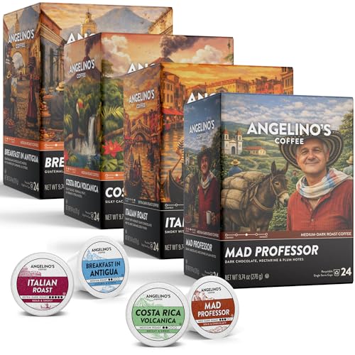 Image of Angelino's Coffee Reserve Variety Pack, 96 Count - 4 Premium Single-Origin Blends, K Cup Compatible for Keurig - Italian Roast, Mad Professor, Breakfast in Antigua & Costa Rica Volcanica