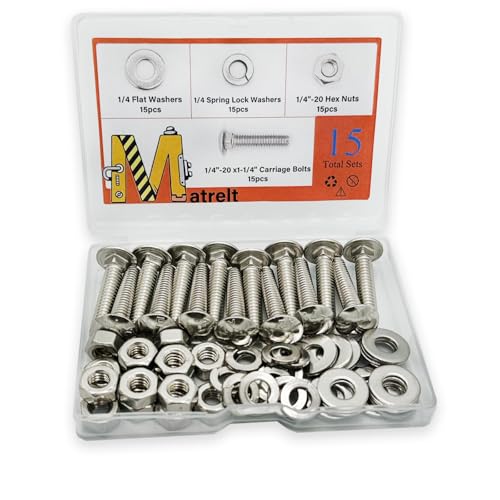 Image of 15 Sets 1 /4 inch-20 x1-1 /4 Carriage Bolts Round Head Square Neck Screws with Hex Nuts Flat Washers Spring Lock Washers 304 Stainless Steel Full Thread Coverage Square Neck Bolts Assortment Kit
