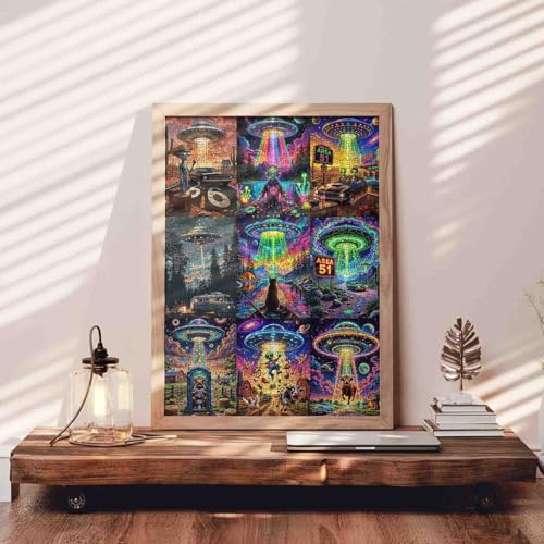 UFO Alien Puzzle 1000 Teile für Erwachsene, farbenfrohes fliegendes und Area 51-Puzzle mit Wüstenstraßen-Landschaften und lustigen… – Ansicht 3