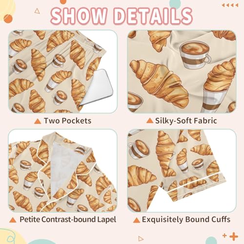 senya Croissant Coffee Satin Summer Pajama Sets Silk Short Sleeve Button Down Sleepwear3