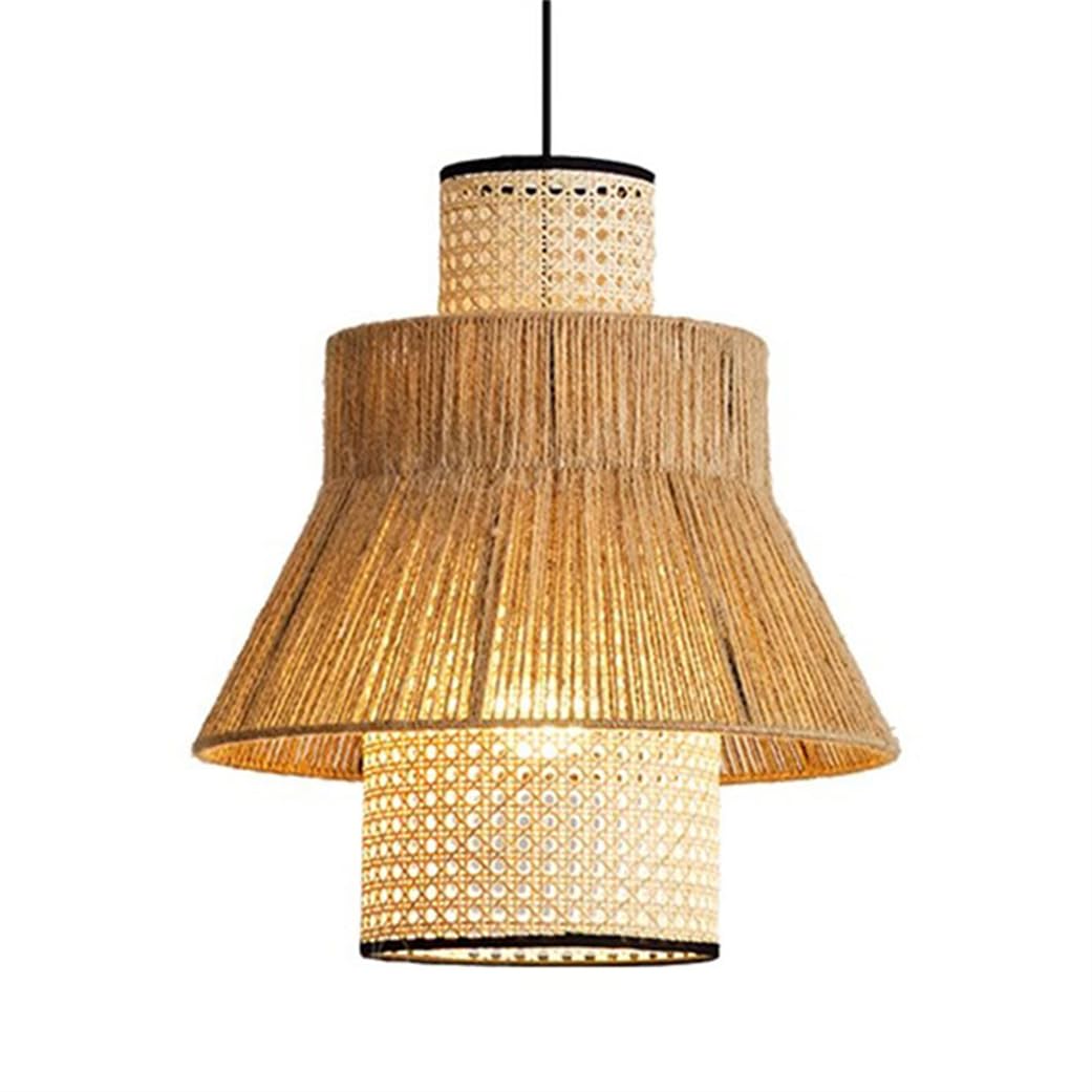 CWVYKNP Farmhouse Dining Room Ceiling Light Fixture with E26 Bulb Double Natural Rattan Hanging Light Cylinder Woven Lampshade for Bedroom Living Room, Kitchen Island Foyer Breakfast Bar