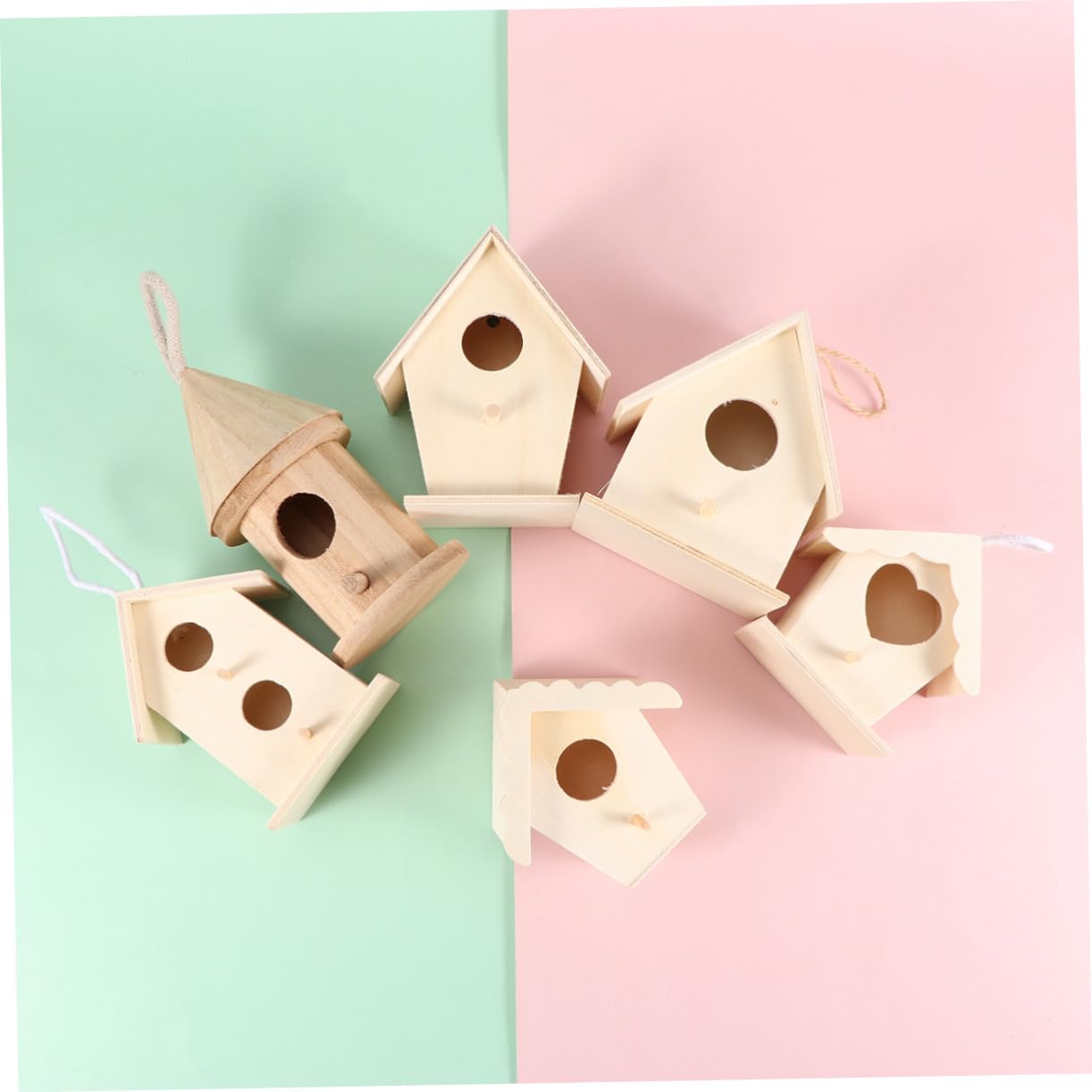 6 Stück Teiliges DIY Holz Vogelhaus Bastelset mit Dickem Aufhängeseil Unvollendetes Nistkasten Modell für Stabile Tischdeko Pädagogisches Kreativspielzeug zum Bemalen und Gestalten